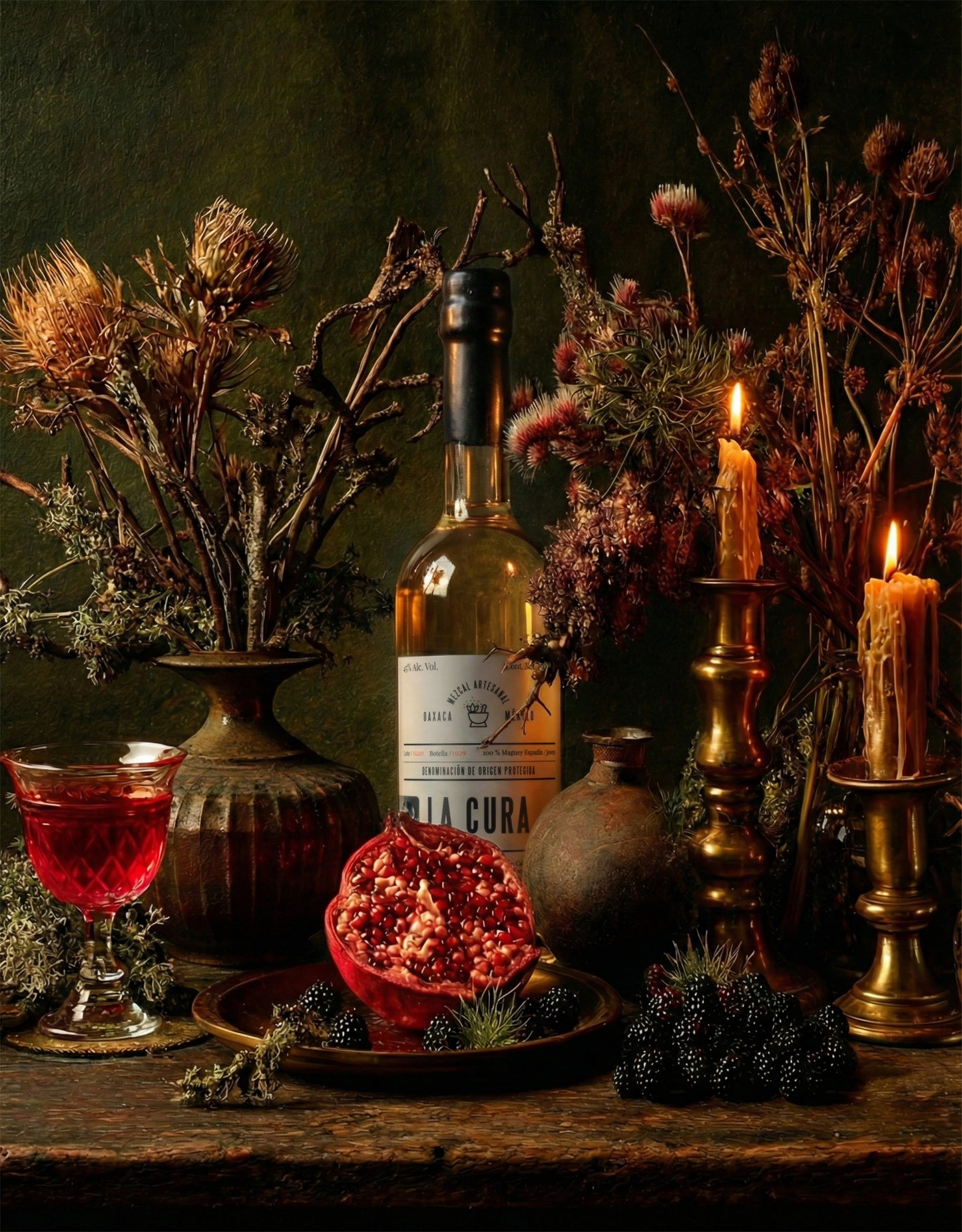 Botella de Mezcal LA CURA espadín artesanal de Oaxaca en composición artística tipo bodegón, con granada abierta, frutos rojos, flores secas y velas encendidas, ambientación ritual y estética editorial.