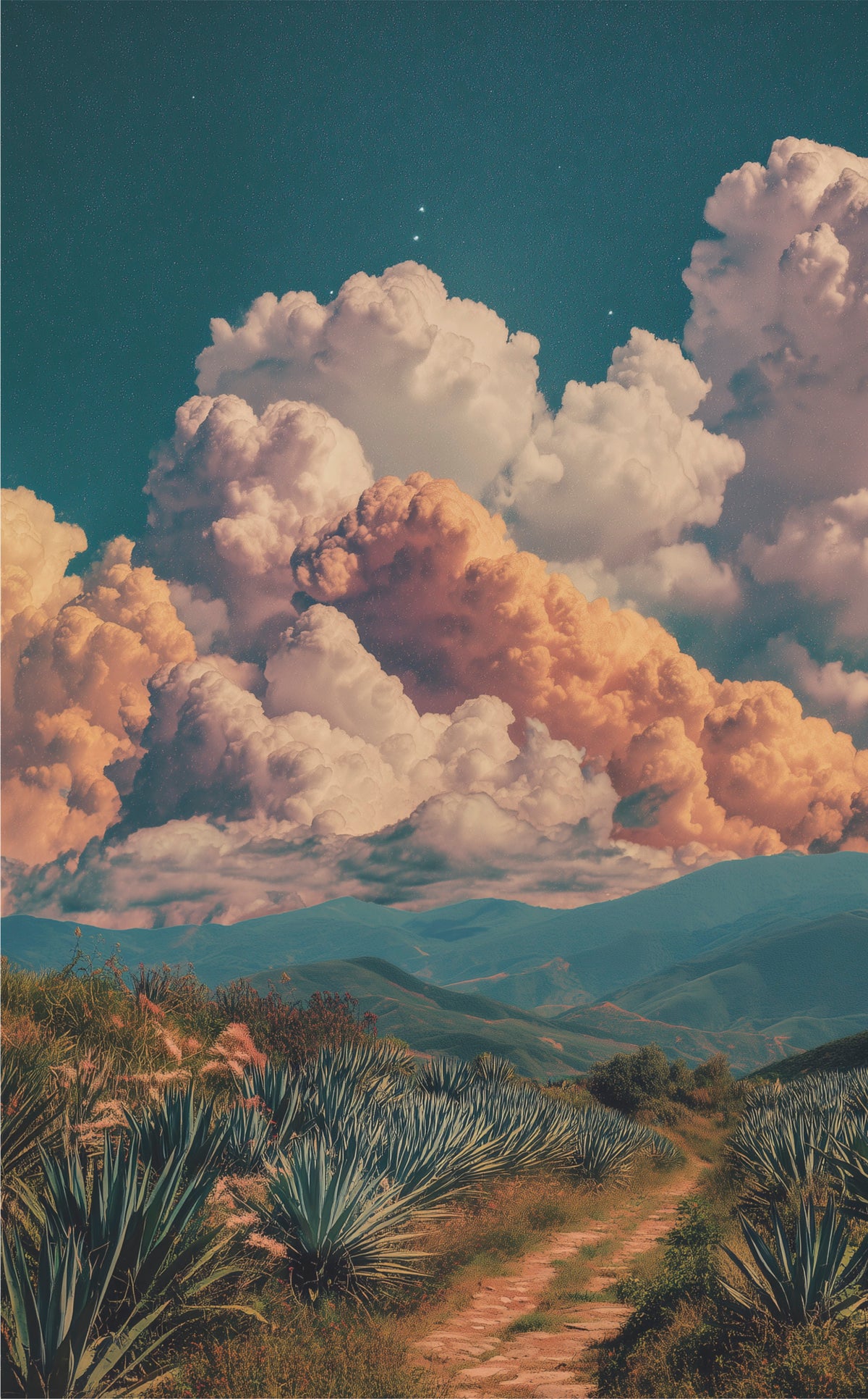 Collage digital de un paisaje onírico de Oaxaca, con campos de agave, un sendero entre montañas y enormes nubes en tonos cálidos sobre un cielo turquesa.