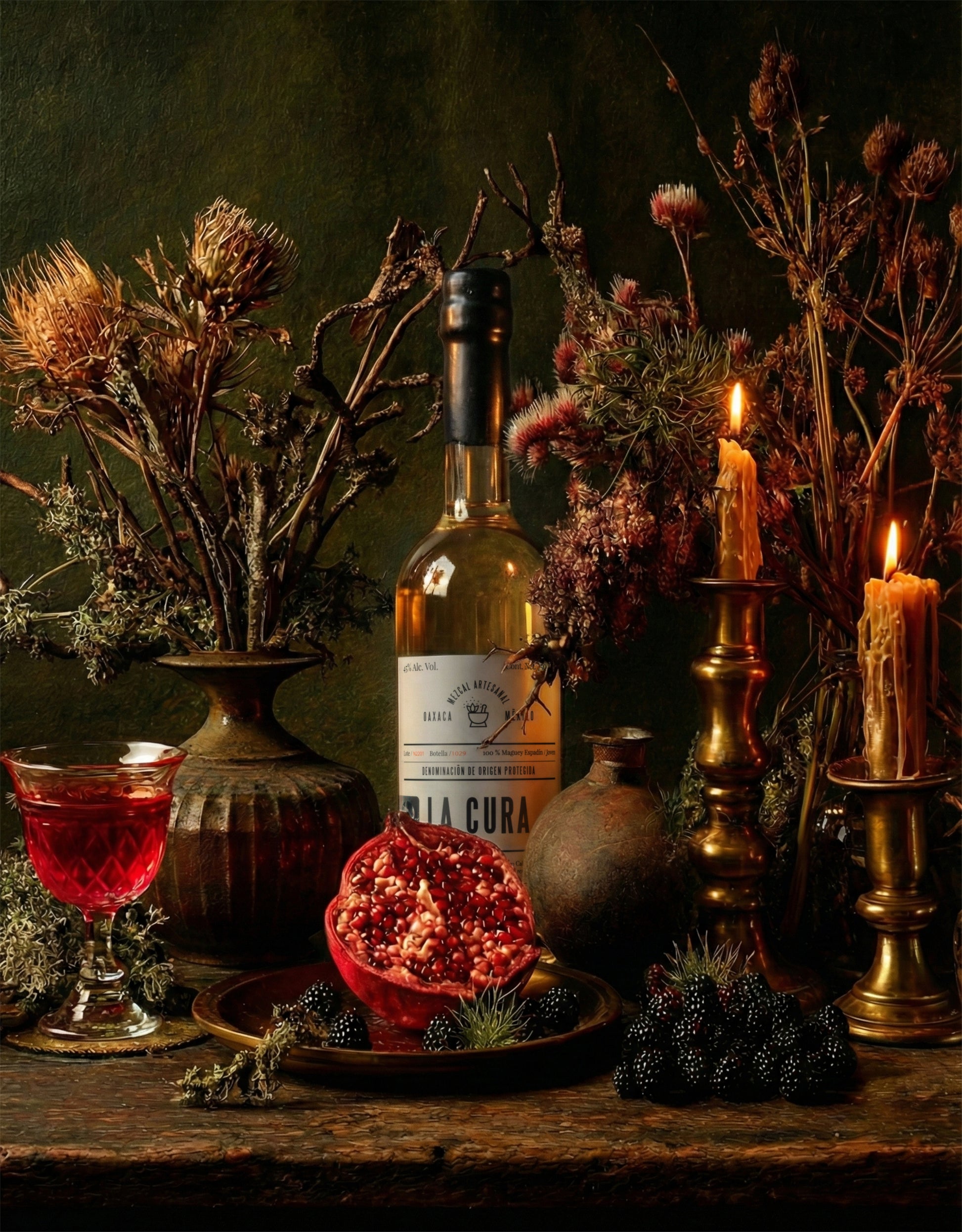 Botella de Mezcal LA CURA espadín artesanal de Oaxaca en composición artística tipo bodegón, con granada abierta, frutos rojos, flores secas y velas encendidas, ambientación ritual y estética editorial.