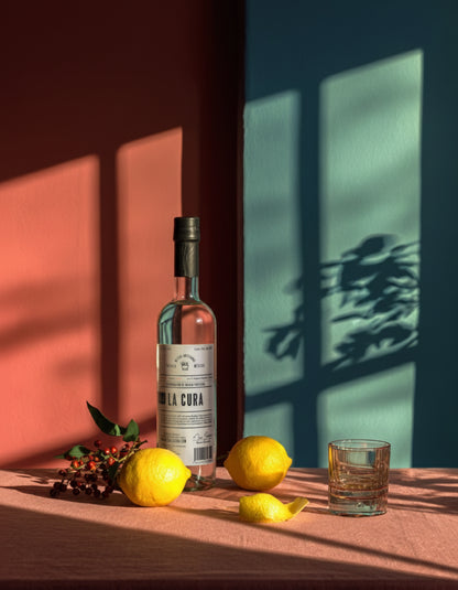 Botella de Mezcal LA CURA Espadín 45% con limones frescos, luz cálida y sombras arquitectónicas. Mezcal artesanal premium de Oaxaca.