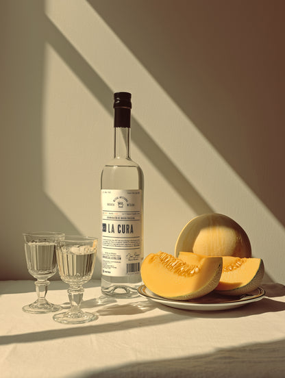 Mezcal LA CURA Espadín 45% junto a melón fresco y copas sobre mesa iluminada. Mezcal artesanal de Miahuatlán con perfil sensorial extraordinario.