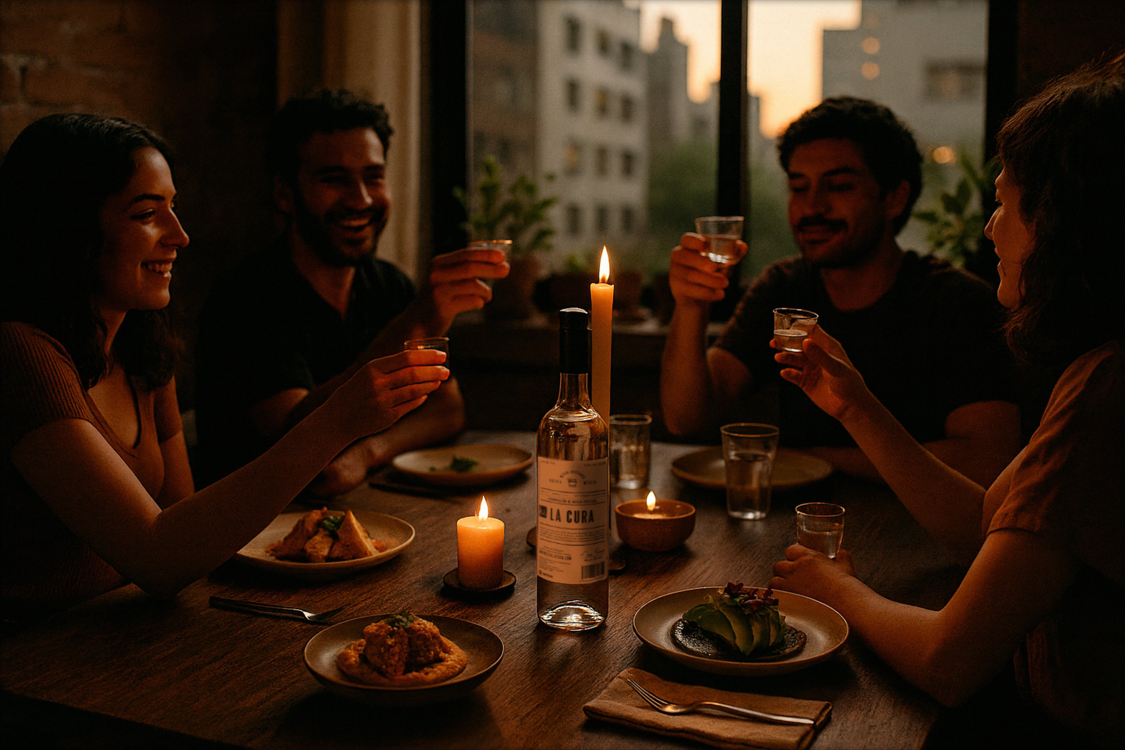 Escena cálida en mesa al atardecer con un grupo de personas brindando mezcal LA CURA, botella al centro, velas y comida para compartir.