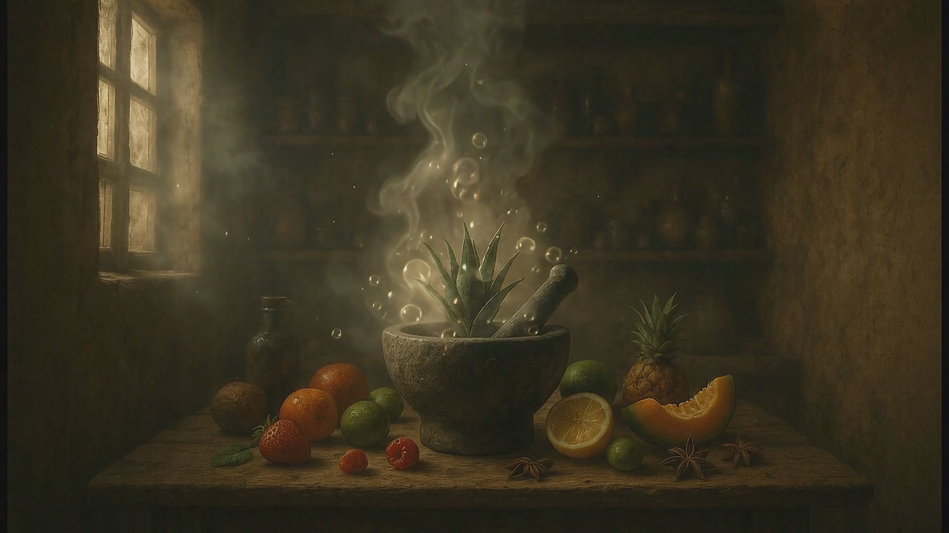 Cargar video: En una habitación de adobe iluminada por luz cálida, un mortero con un agave desprende humo y burbujas etéreas, rodeado de frutas que evocan el perfil sensorial del mezcal.